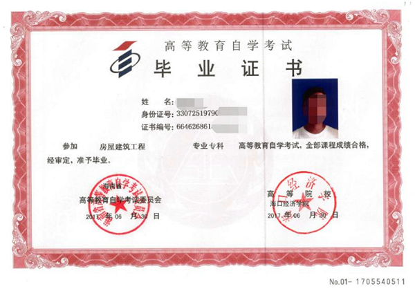 上海财经大学自考毕业证书样本